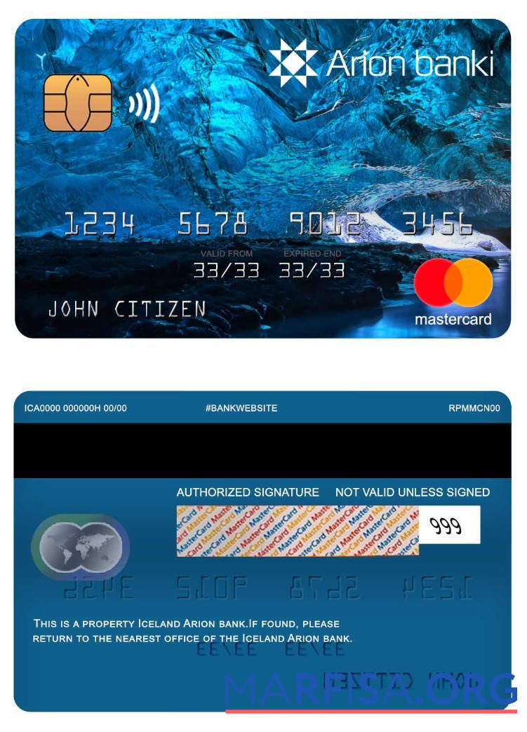 Realistic Iceland Arion bank mastercard sample